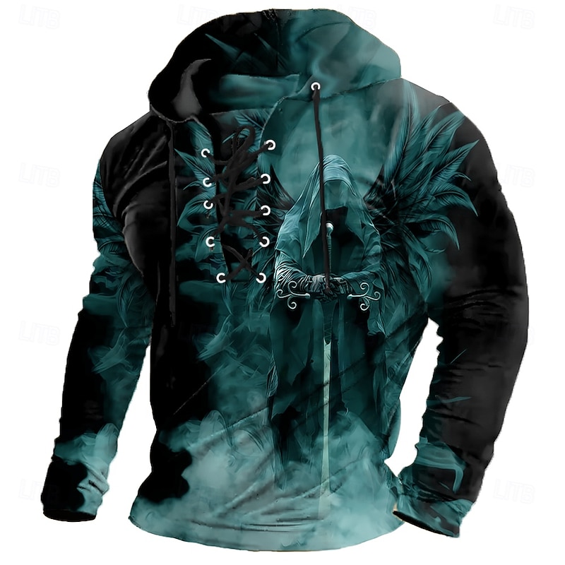 Halloween Men's Grim Reaper 3D Print Reaper Sweatshirt Punk Exaggerated Long Sleeve Crew Neck Club Streetwear Lake blue Black Drawstring Fall Winter Designer2