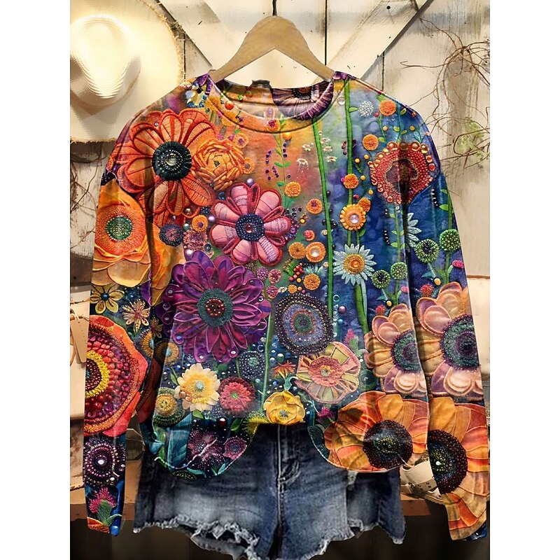 Women's Pullover Floral Graphic Warm Classic Casual Long Sleeve Crew Neck Round Neck Regular Tops Home Street Dailywear Print Red Purple Orange Spring Fall Winter3