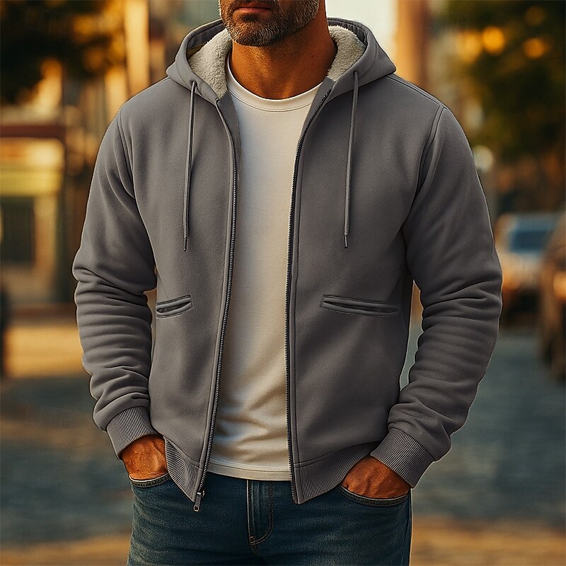 Men's Hoodie Full Zip Hoodie Fleece Hoodie Fleece lined Hoodie Yellow Army Green Khaki Dark Gray Hooded Plain Patchwork Sports & Outdoor Casual Daily Streetwear Cool Sportswear Spring &  Fall