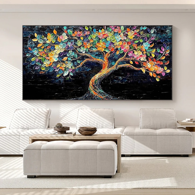 Handmade Original Colorful Blooming Tree Oil Painting On Canvas Wall Abstract Tree of Life Painting for Home Decor With Stretched Frame/Without Inner Frame Painting4