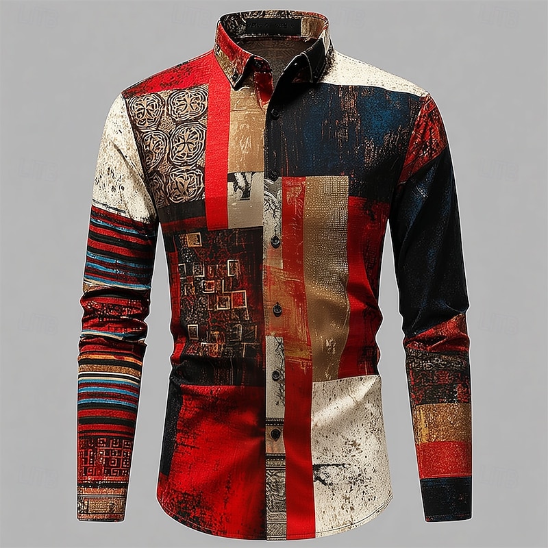Men's Color Block Patchwork Shirt Button Up Shirt Long Sleeve Vintage Retro Outdoor Daily Streetwear Spring Fall Turndown 3D Print Front One Pocket Linen Like Shirt Red Blue Purple Orange Green