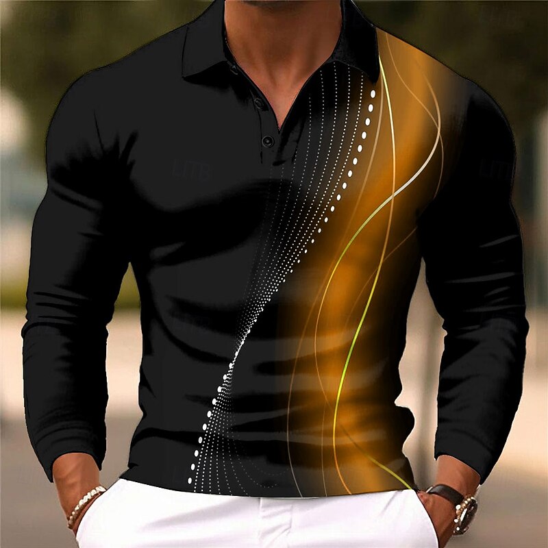Men's Geometic Line Polo Long Sleeve Polo Shirts Lapel Casual Athleisure Daily Wear 3D Print Buttons Spring Fall Winter Red Blue Brown4