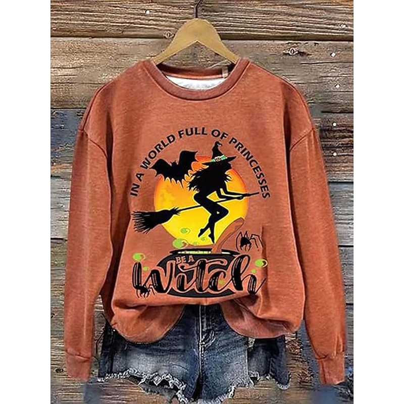 Halloween Women's Pullover Sweatshirt Witch Graphic Fashion Casual Long Sleeve Crew Neck Regular Tops Street Dailywear Casual Print Orange Green Beige Gray Fall Winter