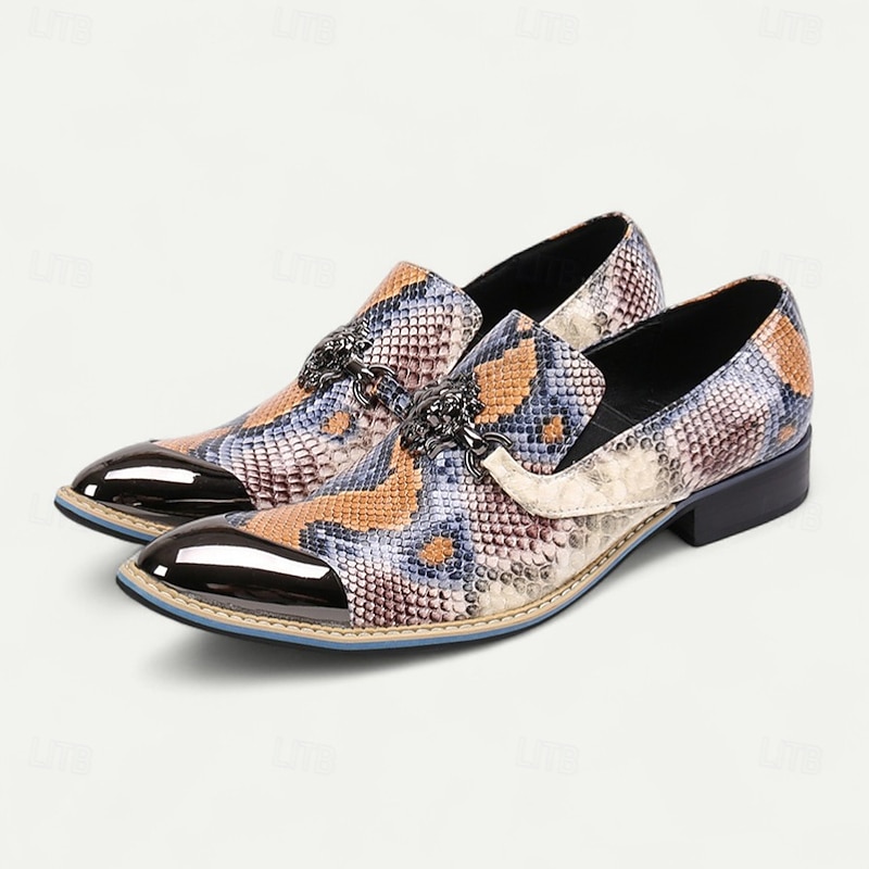 Men's Multicolor Snakeskin Pointed Toe Dress Shoes – Exotic Cowhide Slip-Ons with Metal Cap for Stage Shows, Themed Parties and Fashion Events3