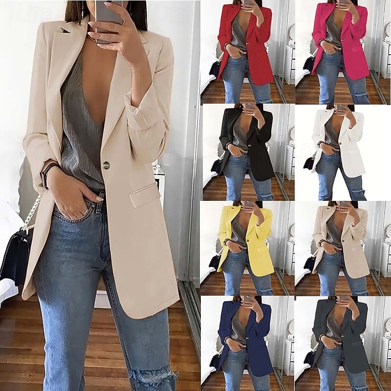Women's Blazer Comfortable Breathable Pocket Fashion Casual Plain Office Street Casual Daily Wear Single Breasted Regular Turndown Regular Fit Long Sleeve Outerwear Black White Red Summer Spring