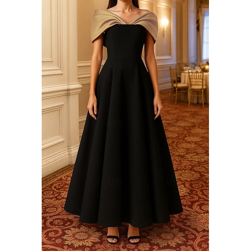 Black Tie A-Line Black and Gold Cocktail Dresses Elegant Dress Formal Wedding Floor Length Sleeveless Off Shoulder Satin with Pleats 2025
