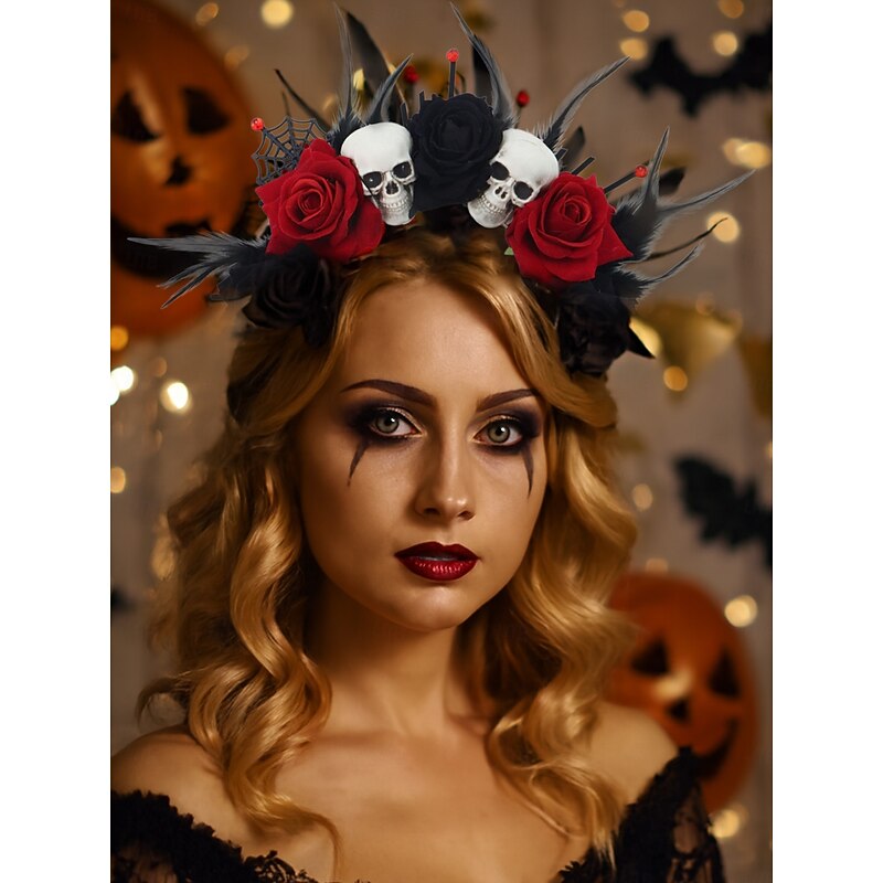 Women's Gothic Halloween Skull Rose Headband - Red and Black Flower Crown with Feathers and Spider Web for Costume Parties and Cosplay