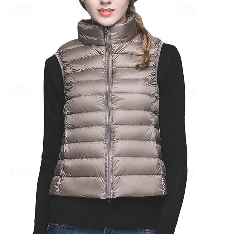 Women's Puffer Vest Vest Warm Comfortable Zipper Pocket Fashion Modern Casual Plain Going out Weekend Zipper Regular Stand Collar Regular Fit Sleeveless Outerwear Black Pink Wine Winter4