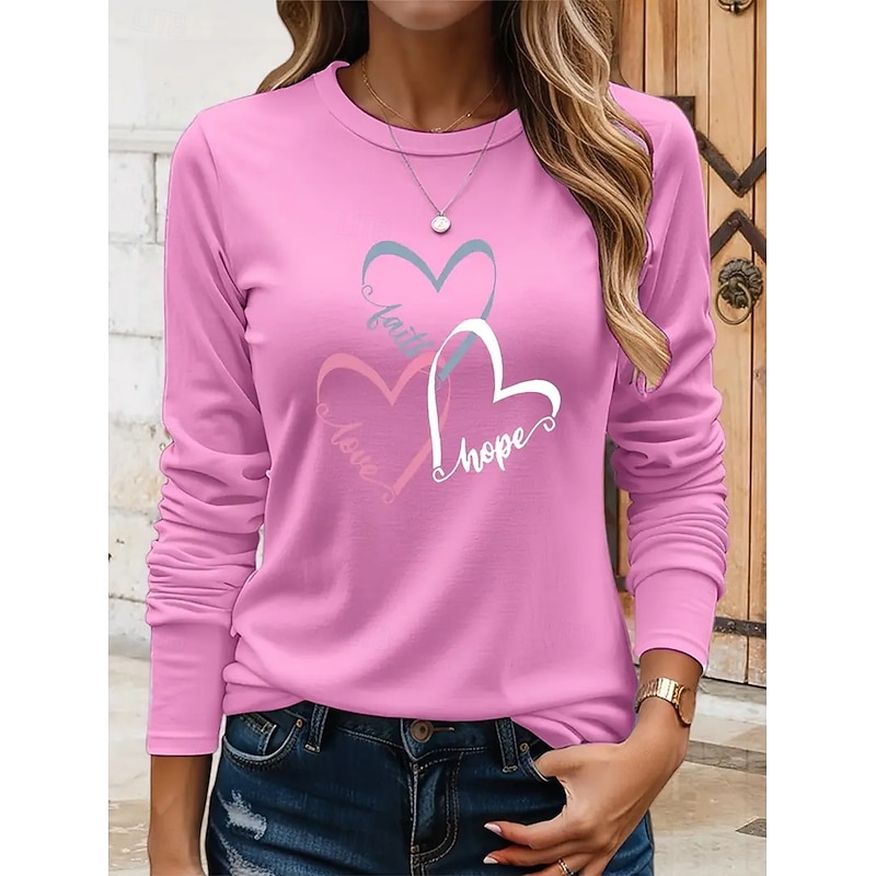 Women's T shirt Long Sleeve Crew Neck Long Sleeve Tunic Heart Graphic Vintage Stylish Round Neck Regular Tops Daily Weekend Print Black Pink Blue Khaki Fall Prefall
