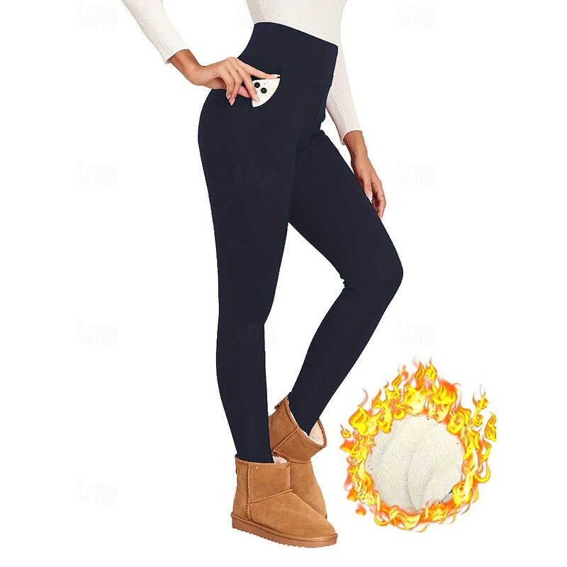 Women's Slacks Leggings Cozy Fleece Lined Streetwear Casual Full Length Natural Plain Elastic Waist Comfortable Street Holiday Daily Wear claret Navy Grey Black Winter Regular Fit2