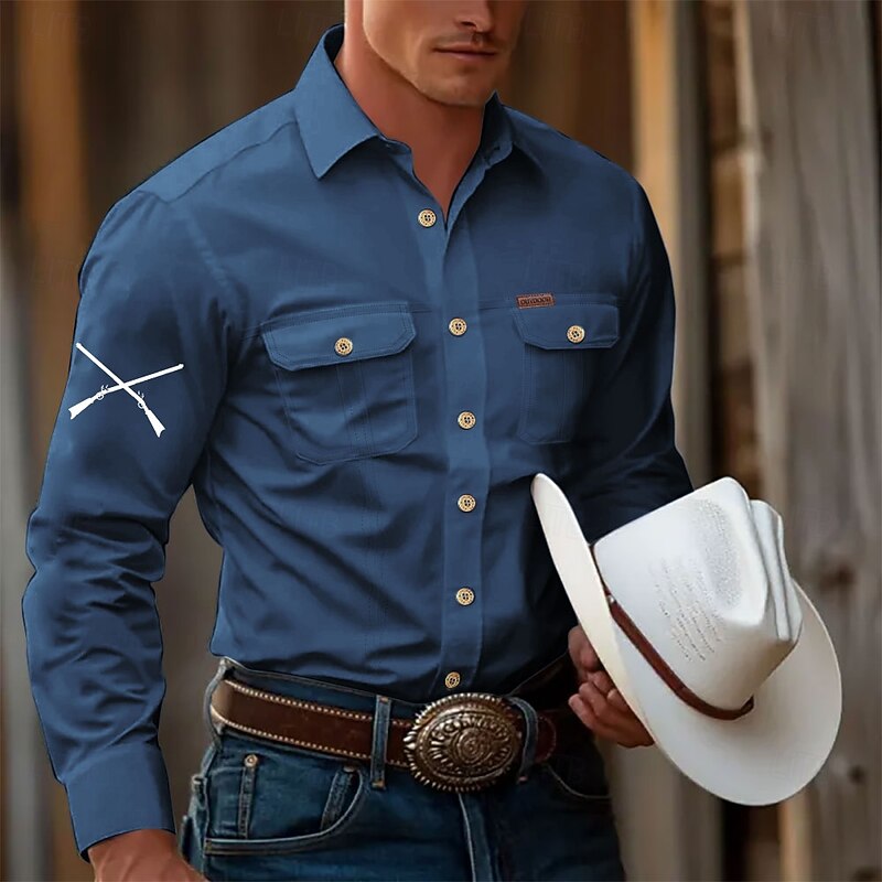 Men's Gun Hunting Work Shirt Western Shirt Cargo Shirt Long Sleeve Tactical Vintage Retro Sports Outdoor WorkWear Spring Fall Turndown Front Two Pockets Button Up Shirts Black White Army Green Blue4
