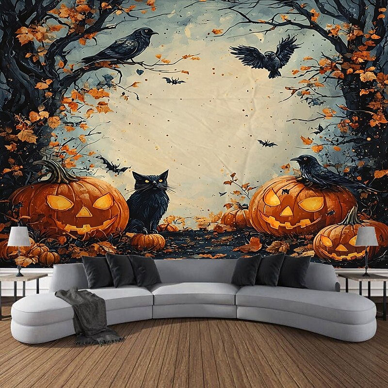 Halloween Tapestry Photo Backdrop, Crow and Pumpkin Pattern Wall Hanging, Decorative Large Mural for Bedroom, Living Room, Party, and Home Decoration3