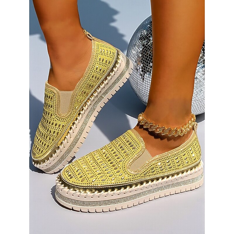 Women's Yellow Slip-On Sneakers with Rhinestone Detailing - Stylish Casual Shoes with Platform Sole, Perfect for Nightlife Parties and Special Occasions2