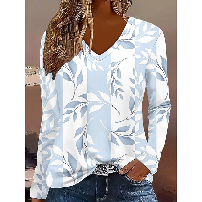 Women's T Shirt Floral Graphic Plants Vintage Stylish Classic Long Sleeve V Neck Regular Tops Daily Print Light Blue Spring Fall Winter