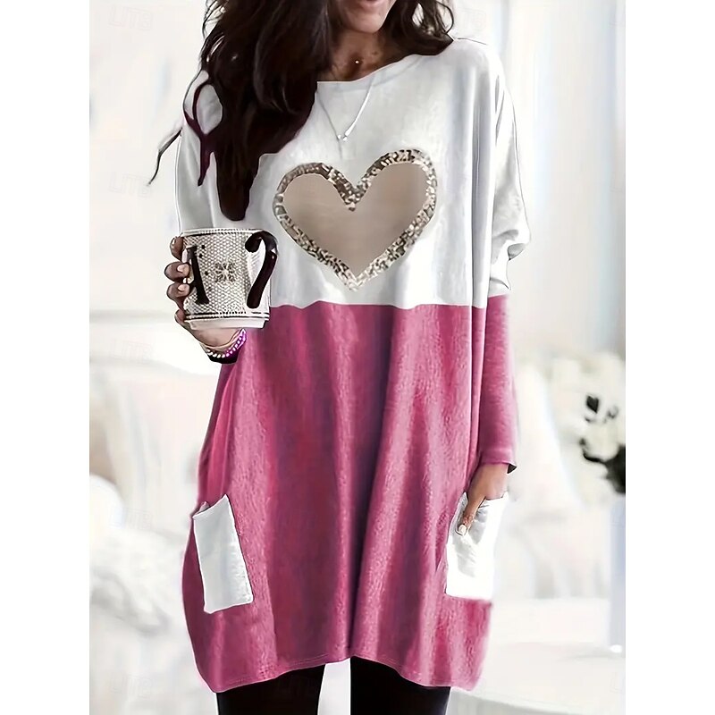Women's T Shirt Heart Graphic Fashion Long Sleeve Crew Neck Round Neck Long Tops Daily Going out Weekend Pocket Print Pink Blue Khaki Gray Spring Fall