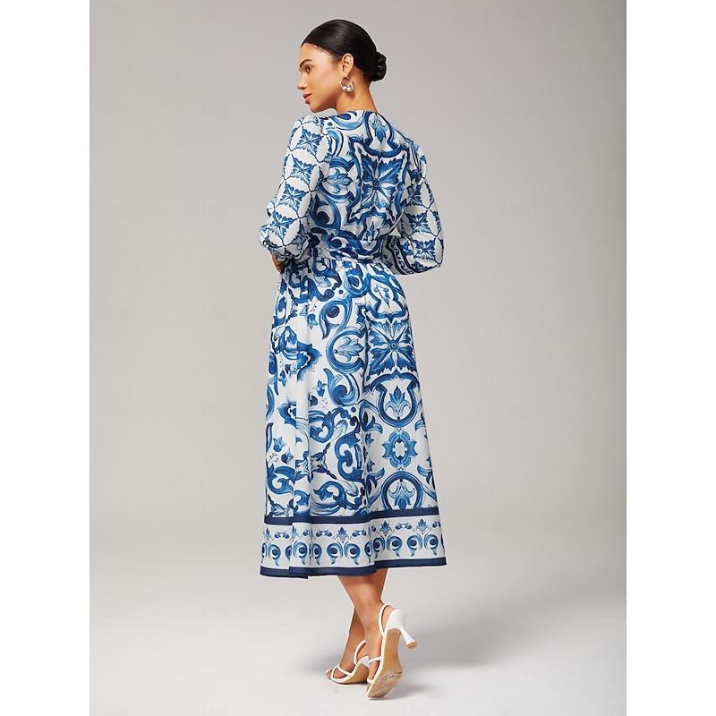 Women's Blue and White Porcelain Print Maxi Dress V Neck Placement Print Elegant Stylish Casual Waist Slim Fit Daily Fall4