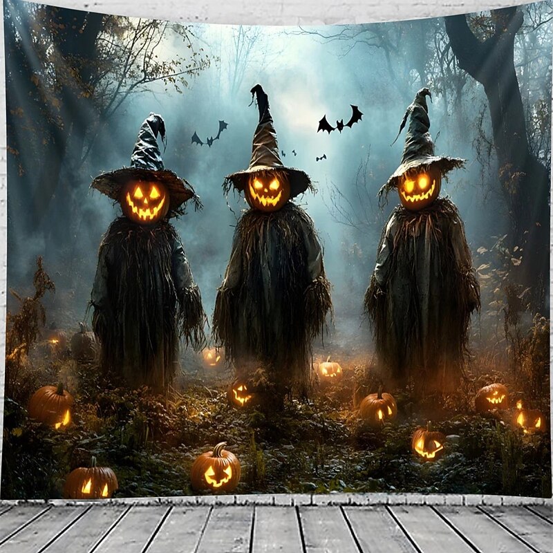 Halloween Wall Tapestry backdrop – Three Creepy Pumpkin Head Witches in Foggy Haunted Forest with Glowing Jack-O'-Lanterns and Bats, Spooky Wall Hanging Decoration for bedroom and living room4