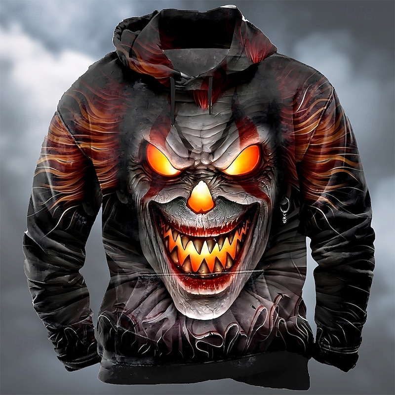 Halloween Men's Creepy Clown 3D Print Joker Hoodie Sweatshirt Punk Exaggerated Long Sleeve Crew Neck Club Streetwear Purple Orange Drawstring Fall Winter Designer