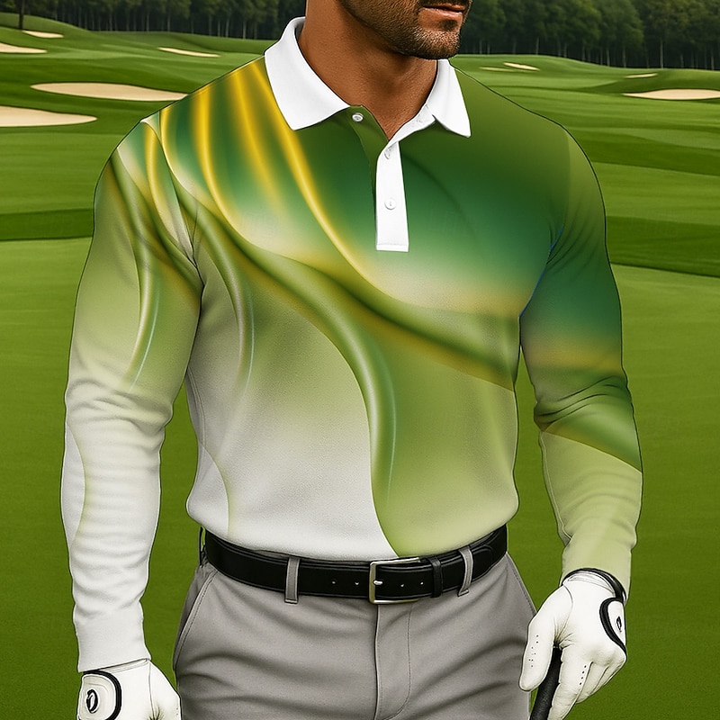 Men's Geometic Golf Polo Long Sleeve Polo Shirts Lapel Casual Athleisure Daily Wear 3D Print Buttons Spring Fall Winter Black Blue Green2