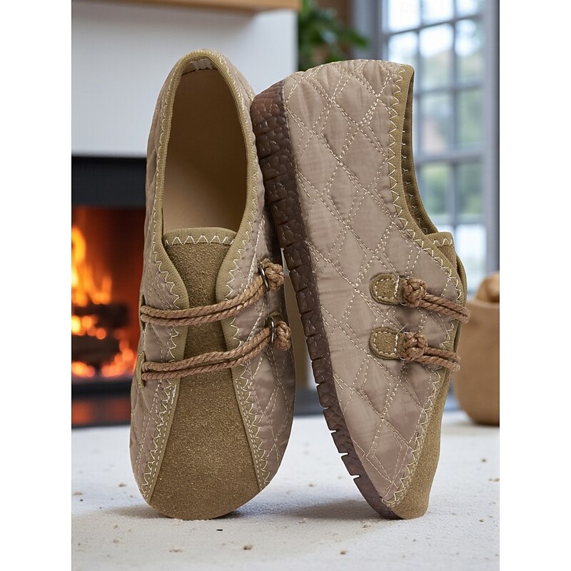 Women's Quilted Wide Fit Slip-On Loafers with Faux Suede Trim, Non-Slip Barefoot Shoes and Cozy Indoor Comfort for Home Wear and Casual Outfits