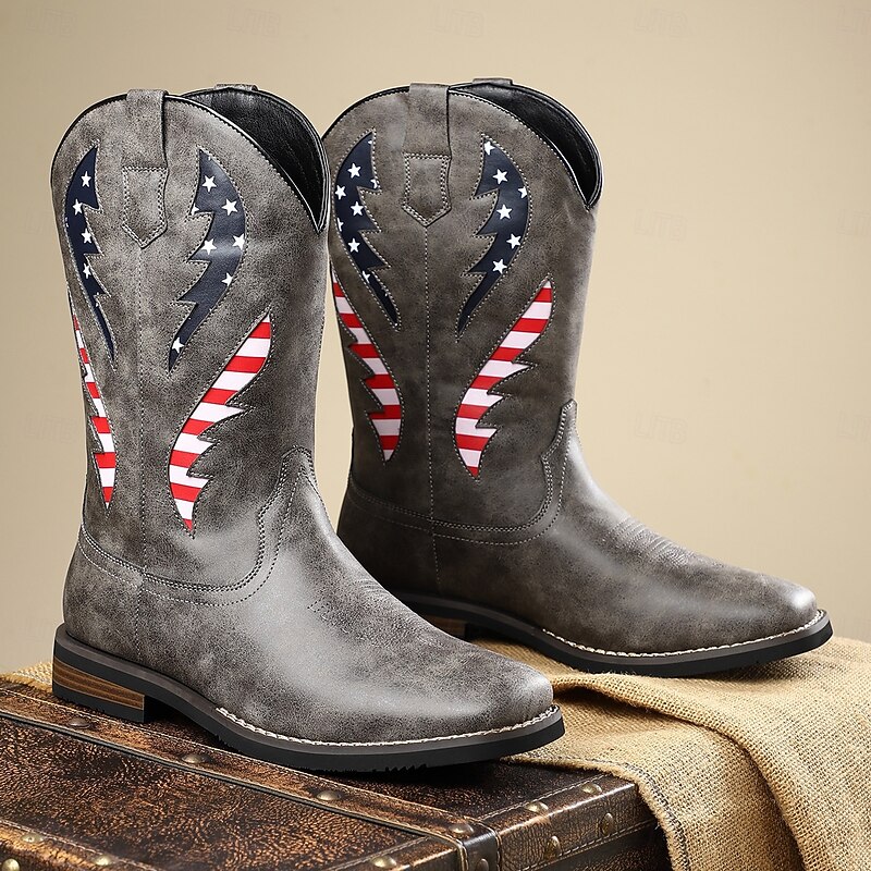 Men's Grey Cowboy Boots with American Flag Embroidery – Western Tall Cowhide Boots for Rodeos, Country Concerts and Independence Day Outfits2