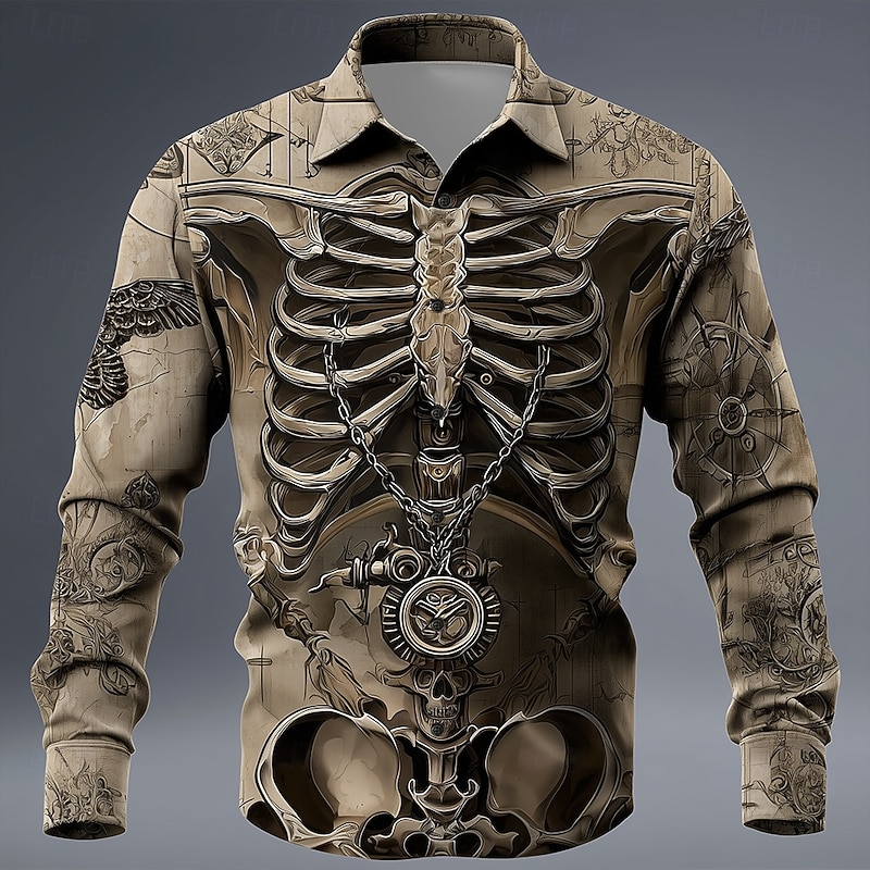 Halloween Men's Optical Illusion Skeleton Shirt Button Up Shirt Long Sleeve Dark Punk Gothic Style Outdoor Holiday Summer Spring Turndown 3D Print Collared Shirts Purple Brown