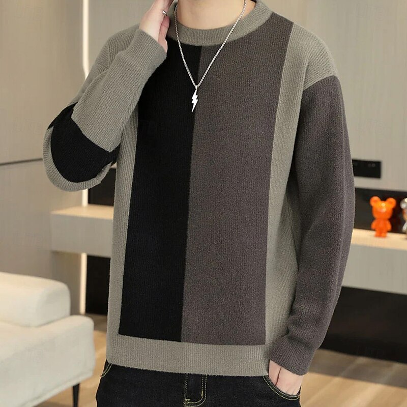 Men's Color Block Vertical Stripes Pullover Sweater Jumper Knitwear Crewneck Casual Vacation Home Daily 3D Print Knitting Keep Warm Long Sleeve Spring Fall Winter Blue Brown2
