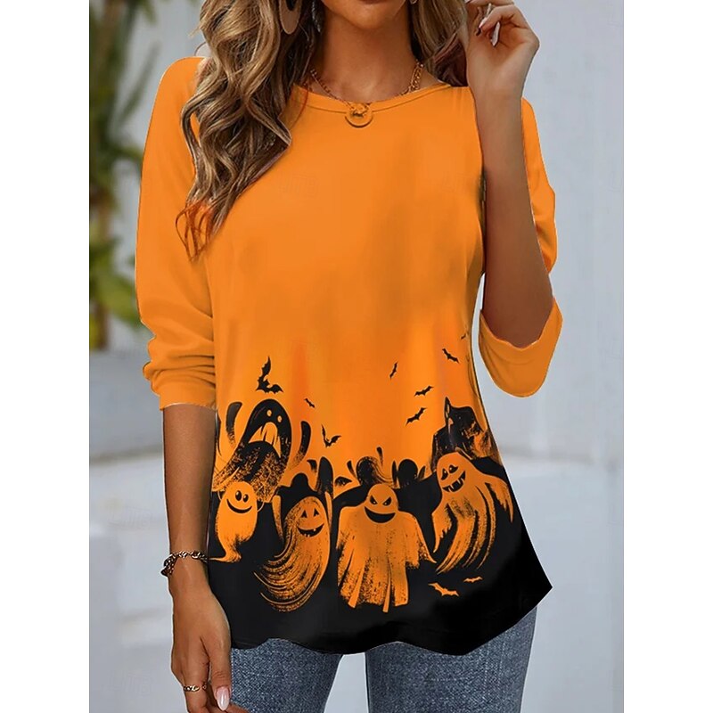 Halloween Women's T shirt Pumpkin Long Sleeve Graphic Vintage Stylish Casual Long Sleeve Crew Neck Regular Tops Daily Print Yellow Blue Orange Fall Winter Prefall3