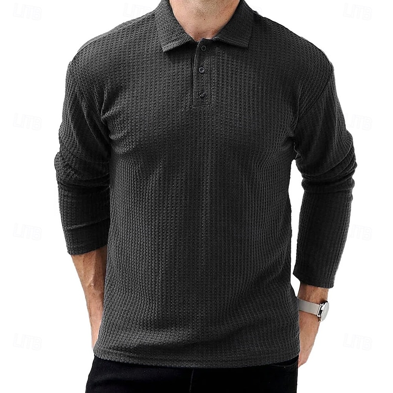 Men's Waffle Polo Shirts Street Casual Lapel Long Sleeve Modern Comfortable Plain Textured Buttons Spring Fall Winter dark brown Robin's Egg Blue Black White Navy Blue Dark Green Waffle Polo Shirts4