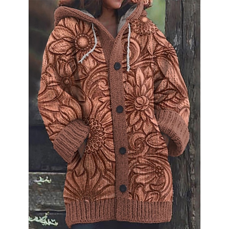 Women's Cardigan Vacation Daily Floral Ribbed Hooded Knitted Print Front Pocket Long Sleeve Regular Tops Knit Outdoor Daily Holiday Yellow Royal Blue Fall Winter