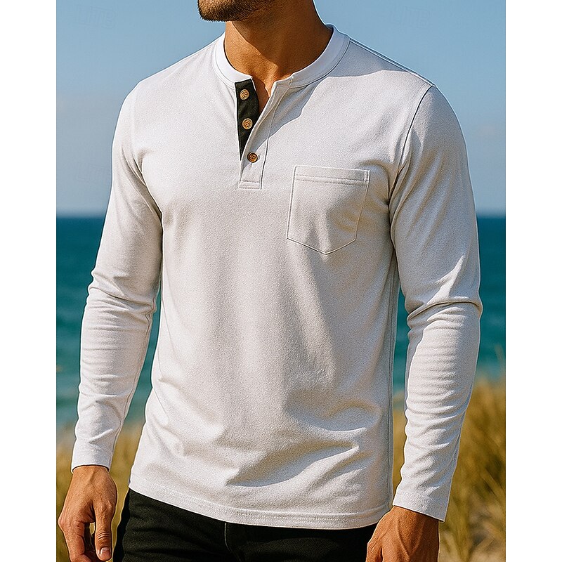 Men's Casual Shirt Hiking top Henley Shirt Long Sleeve Top Outdoor Breathable Cotton Black White Army Green Tennis Golf Running3