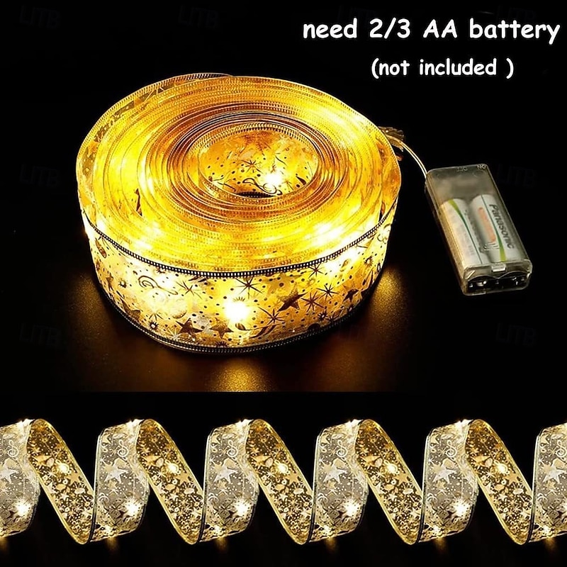 Christmas Ribbon Fairy Lights 16/33Ft 100 LED String Lights Battery Operated 2In Gold Foil Ribbon with Warm White Twinkle Firefly Lights Indoor Starry Holiday Decoration for Christmas Tree3