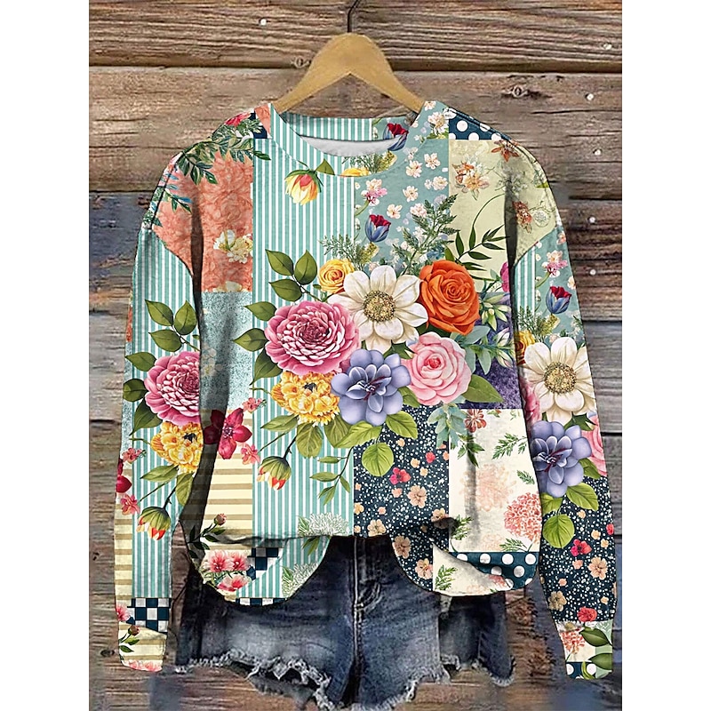 Women's Pullover Floral Graphic Warm Classic Casual Long Sleeve Crew Neck Regular Tops Home Street Dailywear Print Yellow Pink Blue Green Fall Winter