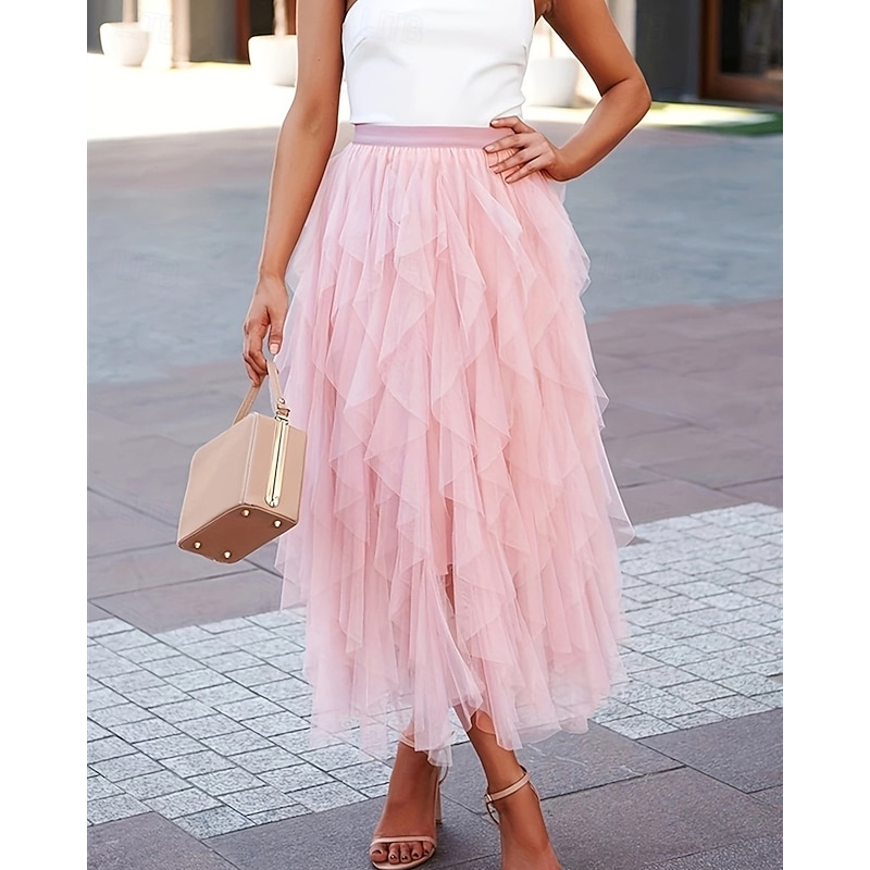 Women's Skirt Gauze Skirts Fashion Casual Midi Mid Rise Skirts Plain Irregular Hem Flowy Micro-elastic Vacation Street Black Pink Spring Polyester3