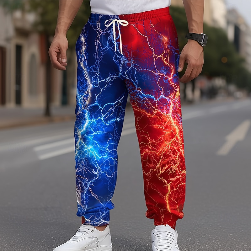 Men's Optical Illusion Lightning Flame Sweatpants Joggers Trousers Mid Waist Drawstring Elastic Waist Casual Jogging Streetwear Workout Athletic Sweatpants with Pockets Spring Fall 3D Print Black Red2