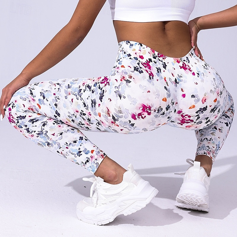 Women's Compression Pants Running Tights Yoga Leggings Tummy Control High Waist Gym Workout Athletic Bottoms Floral Print White Fall Sports Activewear
