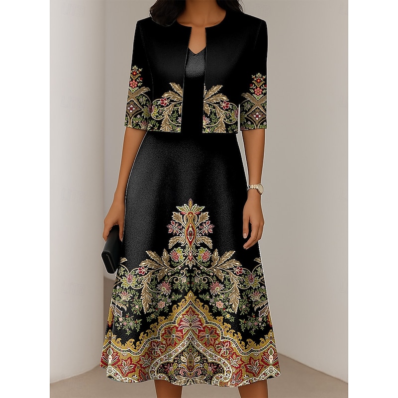 Women's Dress Set A Line Dress Summer Dress Elegant Casual Ombre Graphic Print Midi Dress Half Sleeve V Neck Formal Vacation Yellow Red Blue Spring Fall Regular Fit