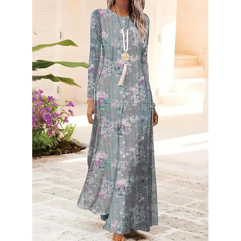 Women's Maxi Dress Shift Dress A Line Dress Party Casual Boho Daily Date Going out Regular Fit Floral Graphic Tie Dye Long Sleeve Crew Neck Light Green Pink Blue Light Purple Spring Fall Winter Autumn4