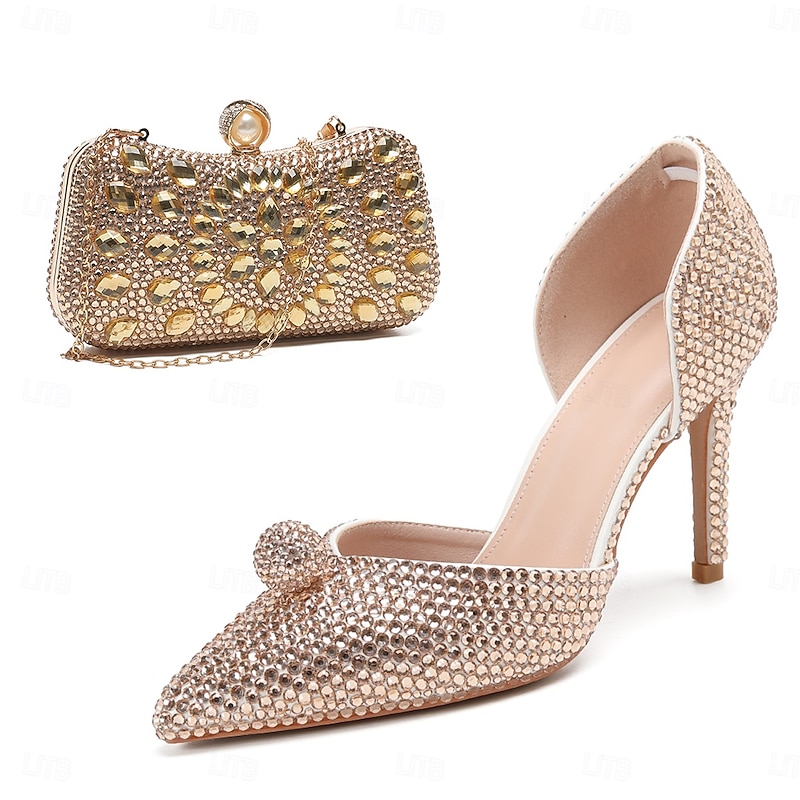 Women's Champagne Rhinestone Stiletto Heels and Clutch Bag Set – Elegant Pointed Toe High Heel Shoes for Wedding, Prom, and Evening Parties