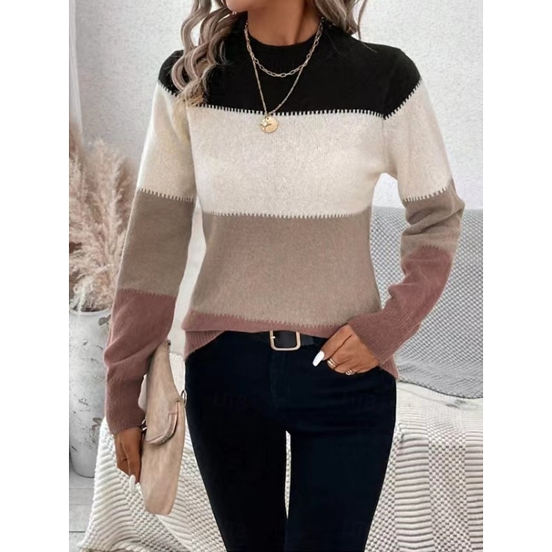 Women's Sweater Casual Soft Striped Ribbed Crew Neck Patchwork Knitted Long Sleeve Regular Tops Knit Outdoor Daily Weekend Pink Camel Fall Winter2