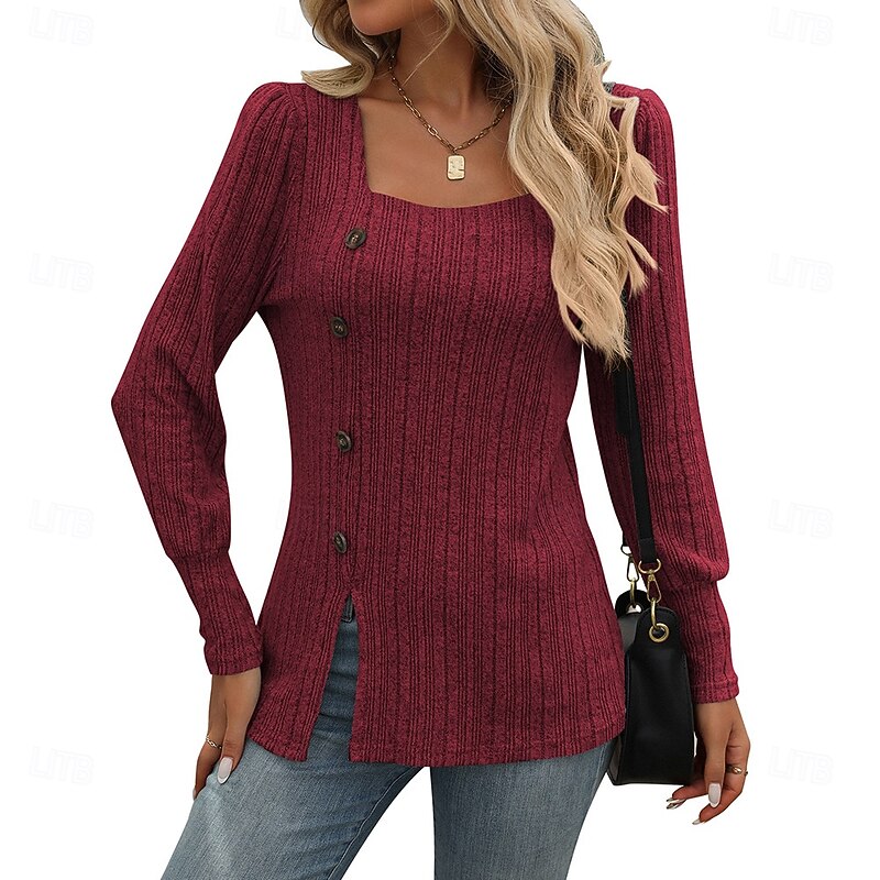 Women's Blouse Solid Color Elegant Vintage Daily Long Sleeve Square Neck Regular Tops Work Daily Holiday Buttons Asymmetric Light Blue claret Black Light Purple Army Green Spring Fall Winter4