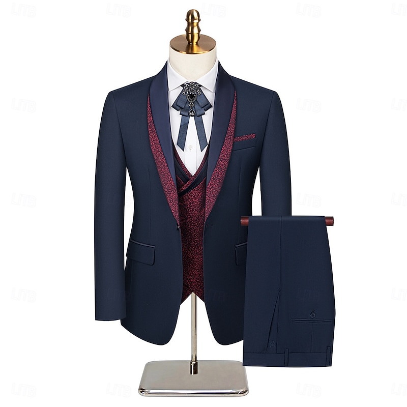 Men's Wedding Stage Party Suits Shawl Lapel Dark Blue Formal Patchwork Slim Fit 3 Piece Single Breasted One-button
