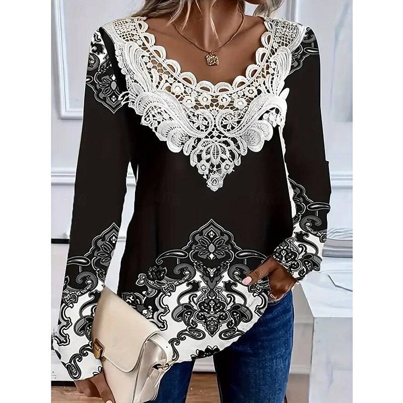 Women's T Shirt Graphic Plants Fashion Stylish Casual Long Sleeve Crew Neck V Neck Regular Tops Daily Lace Eyelet White Pink Blue Purple Green Spring Fall2