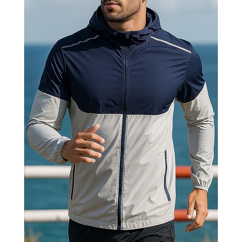 Men's Hooded Jacket Sport Jacket Long Sleeve Top Athleisure Fall Color Block Sun Protection Lightweight Outdoor Travel Sports Sportswear Activewear White Blue Green