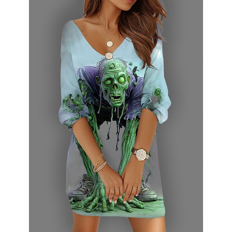 Halloween Women's Skulls Print Mini Dress Shift Dress Vacation Casual Daily Holiday Cocktail Party Loose Fit Graphic Skull Long Sleeve V Neck Yellow Blue Purple Green Summer Spring Fall Autumn3