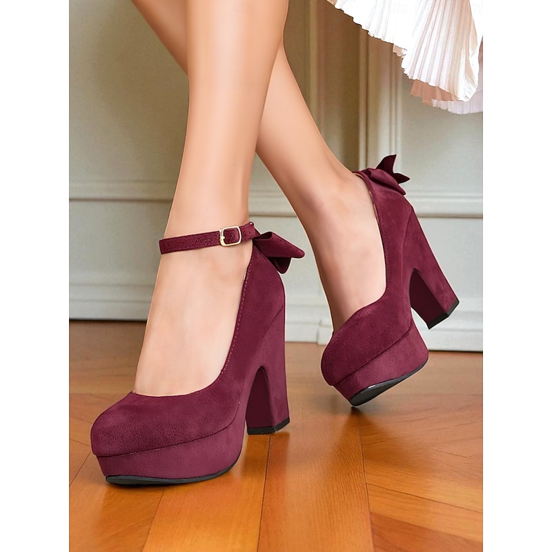 Women's Burgundy Platform Mary Jane Heels with Bow - 1950s Retro Chic Suede Block Heel Dress Shoes for Parties,Office and Daily Wear2