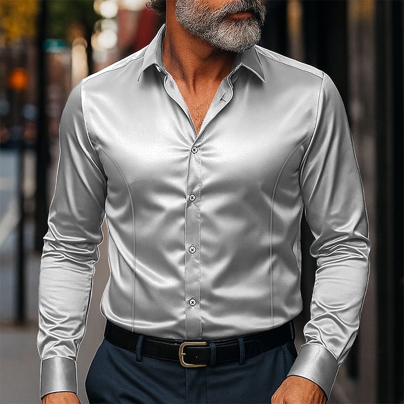 Men's Shirt Silk Like Satin Shirt Dress Shirt Casual Shirt Button Up Shirt Plain Formal Business Black White Yellow Pink Long Sleeve Lapel Spring &  Fall All Seasons Clothing Apparel2