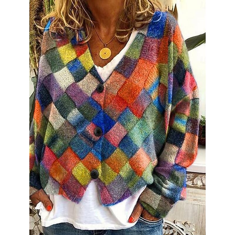 Women's Cardigan Sweater Knitted Ribbed Button Front V Neck Long Sleeve Lightweight Elegant Fashion Streetwear Floral Graphic Geometric Patchwork Buttons Knit Outdoor Daily Weekend Fall Winter