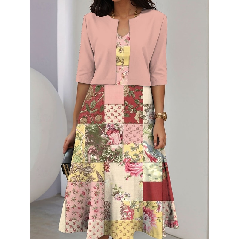 Women's Dress Set A Line Dress Midi Dress Elegant Casual Floral Graphic Patchwork Print Midi Dress Half Sleeve Crew Neck Vacation Date Pink Blue Purple Summer Spring Regular Fit