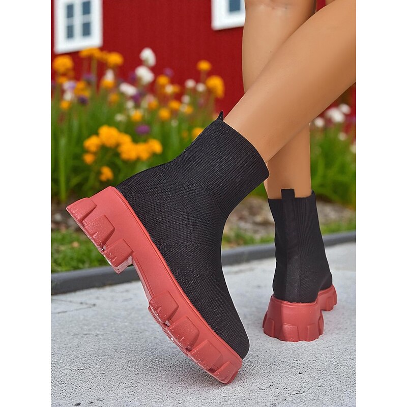 Women's Black Sock Boots with Chunky Red Soles – Stylish Stretch Knit Ankle Boots for Streetwear, Autumn & Winter Outfits3
